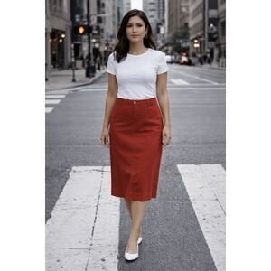 Jade Mackenzie Women Rust Orange Denim Pencil Skirt Large 14 Midi Length Stretch